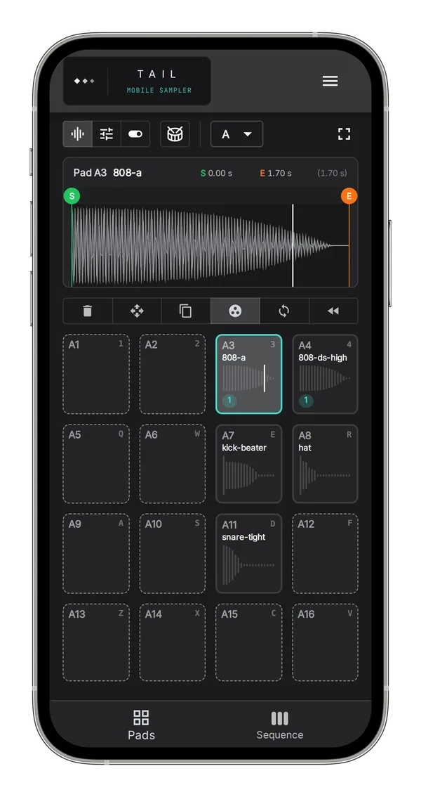 TAIL on a phone: a loaded kit with the sample editor open on an 808